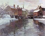 Frits Thaulow snow covered buildings by a river oil
